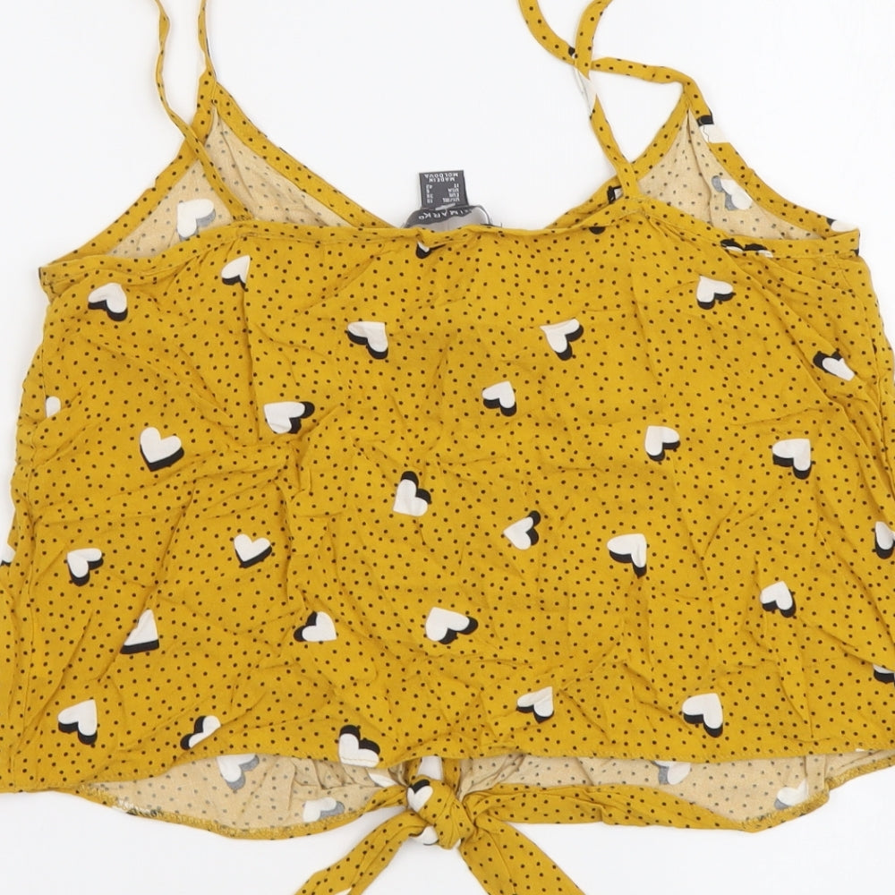 Primark Womens Yellow Geometric Viscose Cropped Button-Up Size 10 V-Neck - Hearts