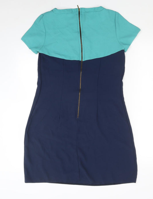 Closet Womens Blue Colourblock Polyester A-Line Size 12 Round Neck Zip - Lace Detail