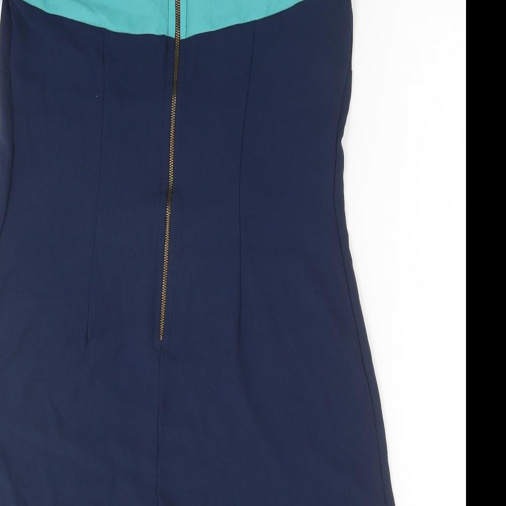 Closet Womens Blue Colourblock Polyester A-Line Size 12 Round Neck Zip - Lace Detail