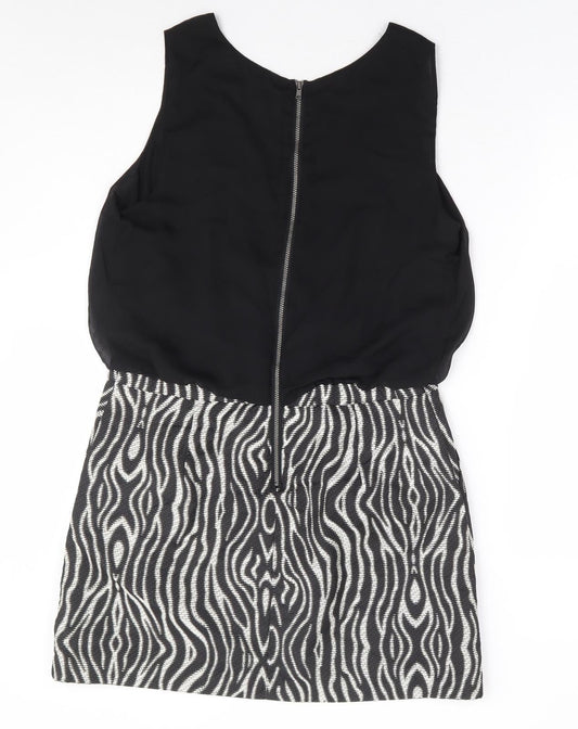 NEXT Womens Black Geometric Polyester A-Line Size 14 Round Neck Zip