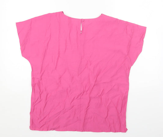 Daxon Womens Pink Floral Viscose Basic T-Shirt Size 14 Round Neck