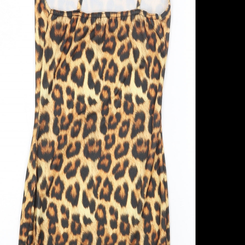 PRETTYLITTLETHING Womens Brown Animal Print Polyester Bodycon Size 8 Square Neck Pullover - Leopard Print