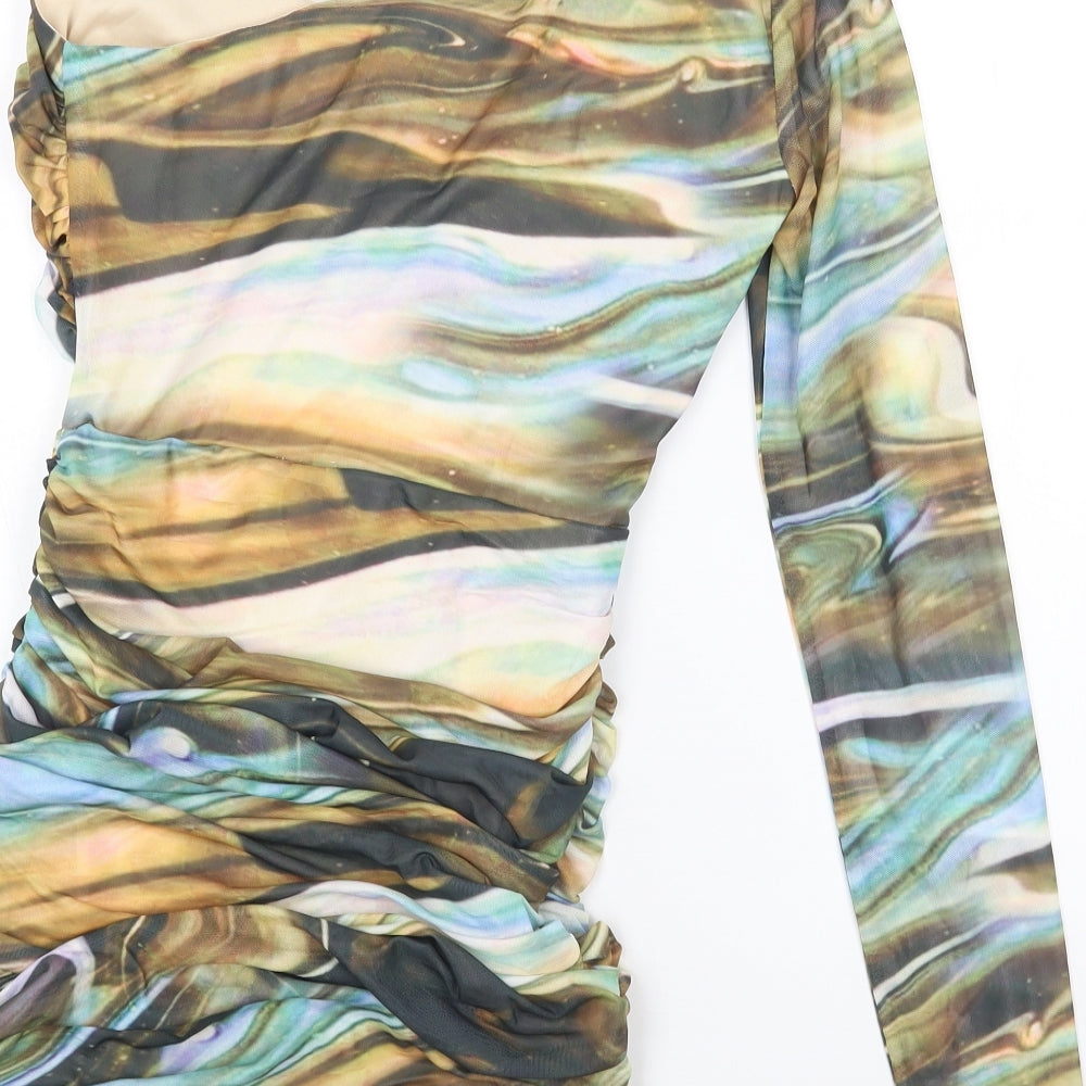 PRETTYLITTLETHING Womens Multicoloured Geometric Polyester Bodycon Size 8 Off the Shoulder Zip