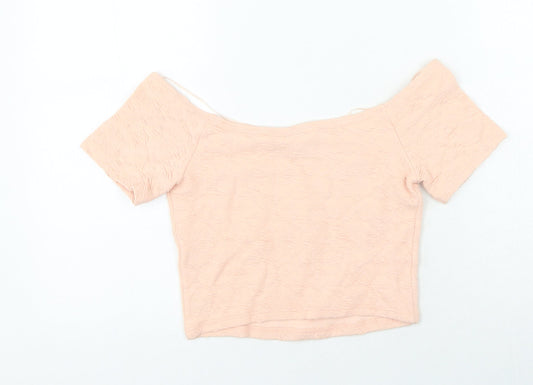Miss Selfridge Womens Pink Geometric Cotton Cropped T-Shirt Size 10 Off the Shoulder