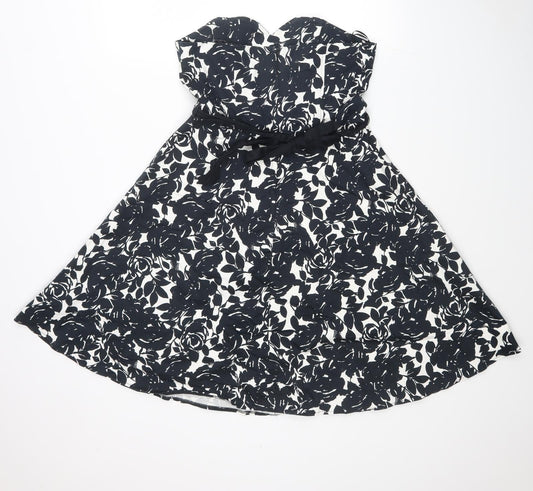 New Look Womens Black Floral Cotton Fit & Flare Size 12 Sweetheart Zip