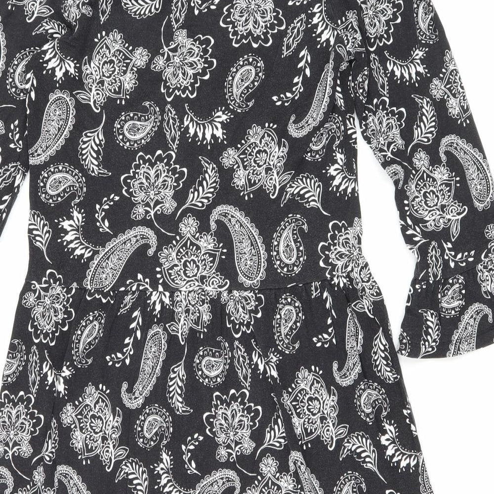 F&F Womens Black Floral Viscose Fit & Flare Size 6 V-Neck Pullover - Lace trim