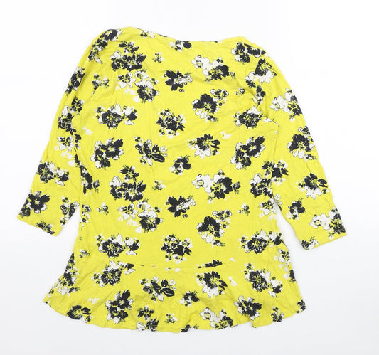 George Womens Yellow Floral Viscose Basic T-Shirt Size 12 Boat Neck