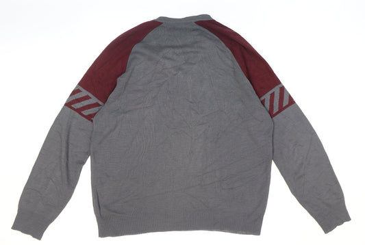 Pierre Sangan Mens Grey V-Neck Striped Acrylic Pullover Jumper Size M