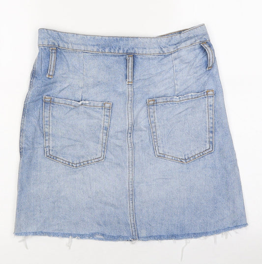 Bershka Womens Blue Cotton Mini Skirt Size S Button - Distressed