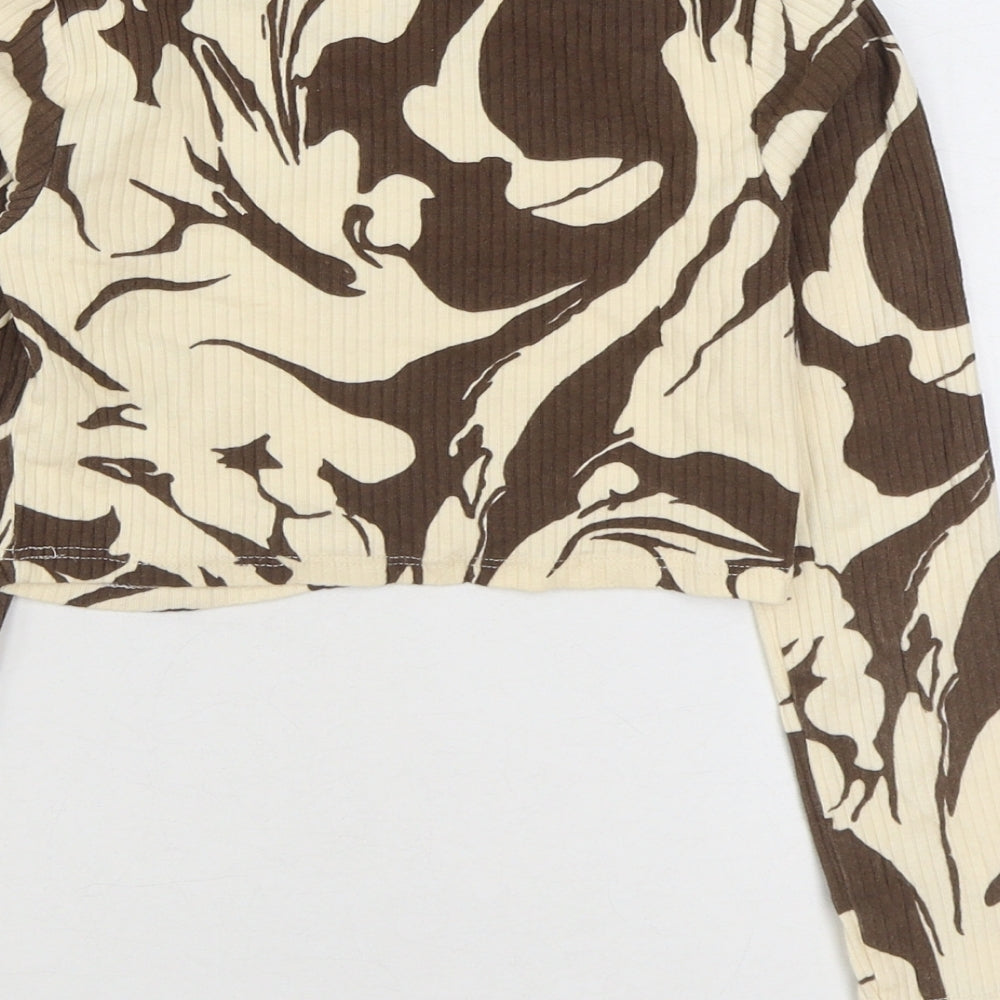 River Island Girls Brown Geometric Cotton Basic T-Shirt Size 7-8 Years Round Neck Pullover - Beautiful