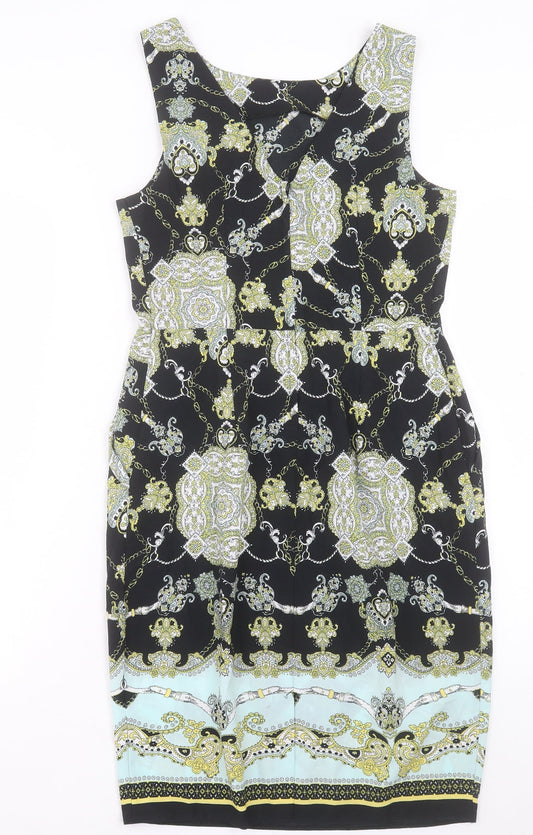 Dorothy Perkins Womens Black Paisley Polyester A-Line Size 10 Boat Neck Zip