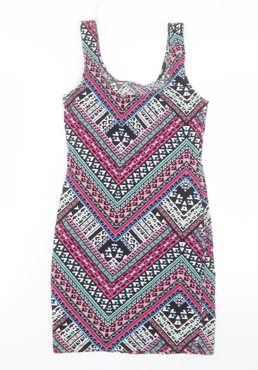 New Look Womens Pink Geometric Cotton Bodycon Size 12 Scoop Neck Pullover