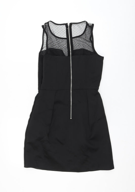 New Look Womens Black Polka Dot Polyester A-Line Size 10 Round Neck Zip