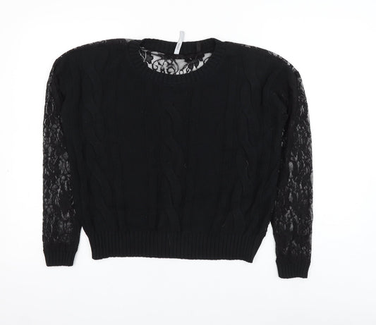 Simply Be Womens Black Round Neck Acrylic Pullover Jumper Size 12 - Lace Sleeve