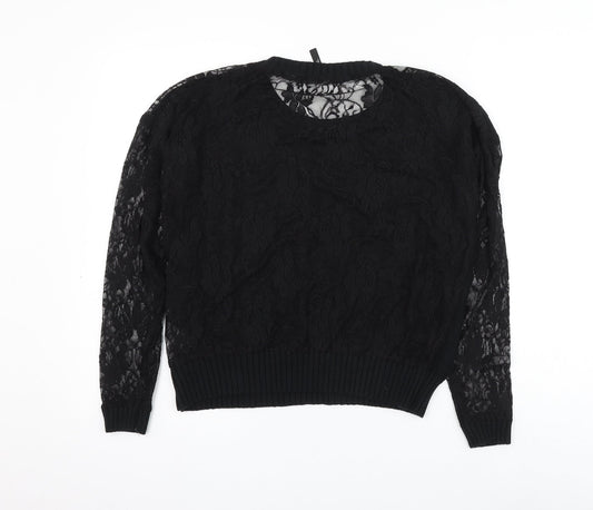 Simply Be Womens Black Round Neck Acrylic Pullover Jumper Size 12 - Lace Sleeve