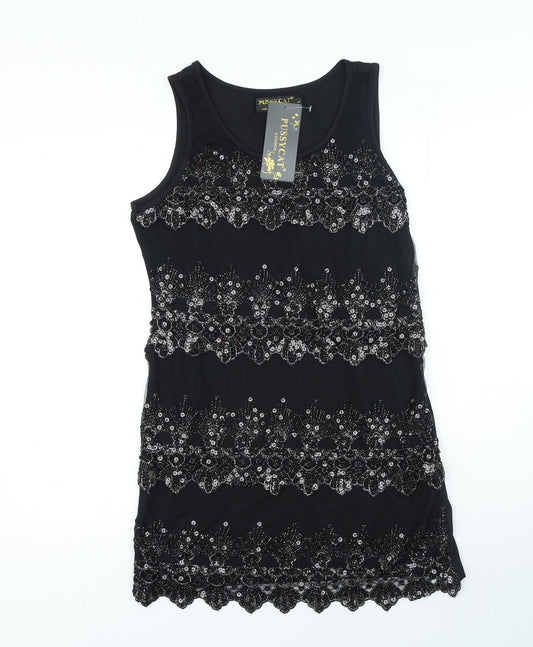 Pussycat London Womens Black Polyester Mini Size M Scoop Neck Pullover - Lace Detail