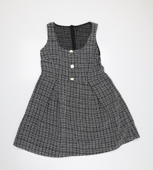 SheIn Womens Black Plaid Polyester Tank Dress Size L Scoop Neck Zip