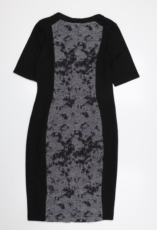F&F Womens Black Geometric Polyester Pencil Dress Size 10 Round Neck Zip