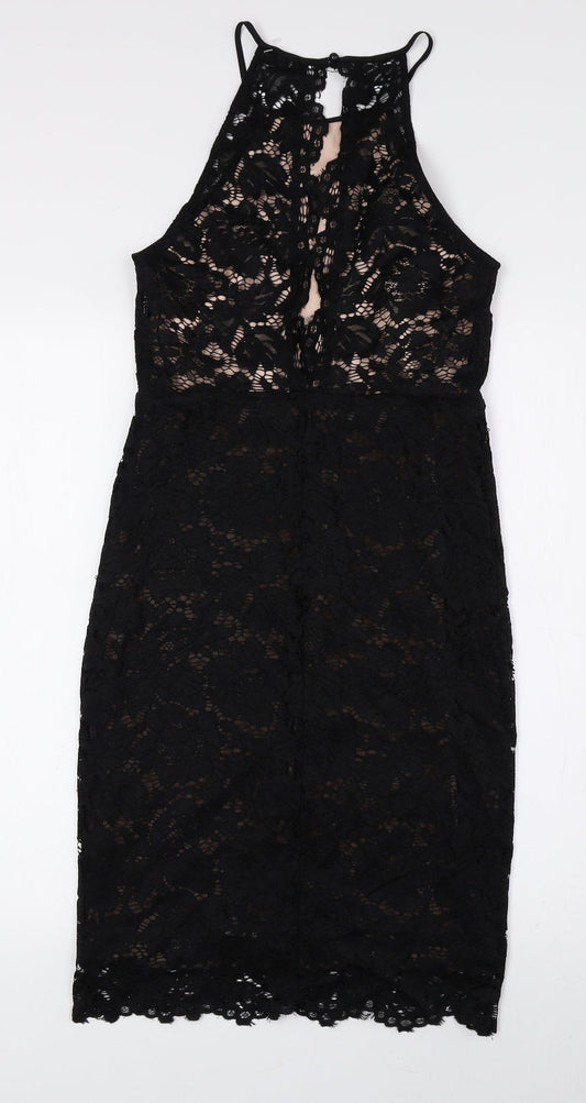 New Look Womens Black Nylon Tank Dress Size 8 Halter Button - Lace Detail