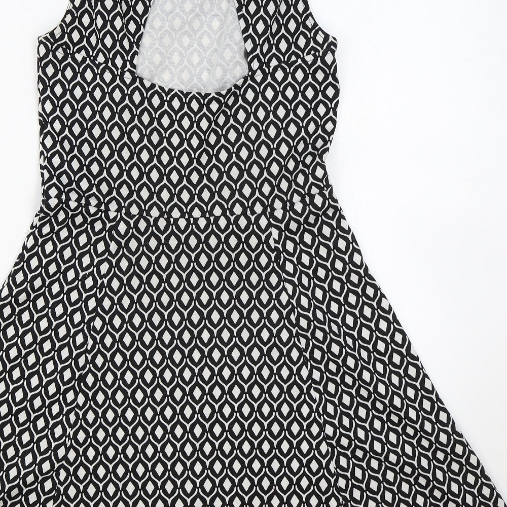 H&M Womens Black Geometric Polyester Skater Dress Size S Round Neck Pullover - keyhole on back