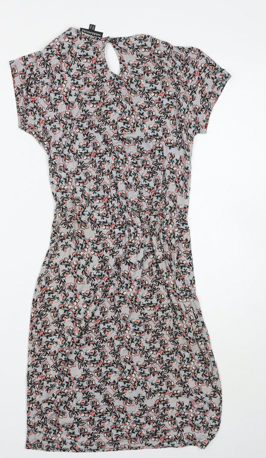 Warehouse Womens Grey Floral Viscose Bodycon Size 6 Scoop Neck Button