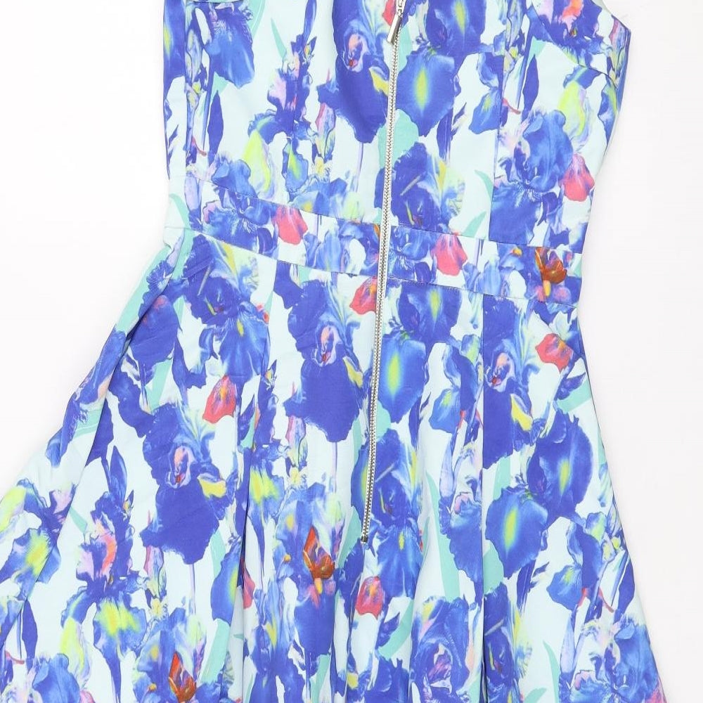 befree Fashion Womens Blue Floral Polyester Skater Dress Size S V-Neck Zip