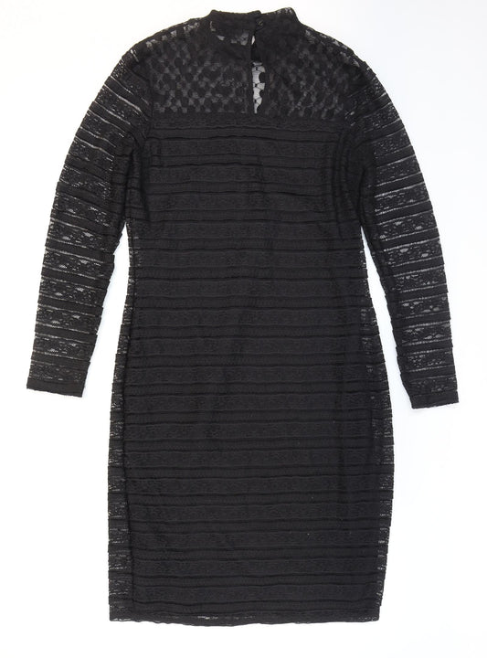 Marks and Spencer Womens Black Striped Polyester Bodycon Size 12 High Neck Button