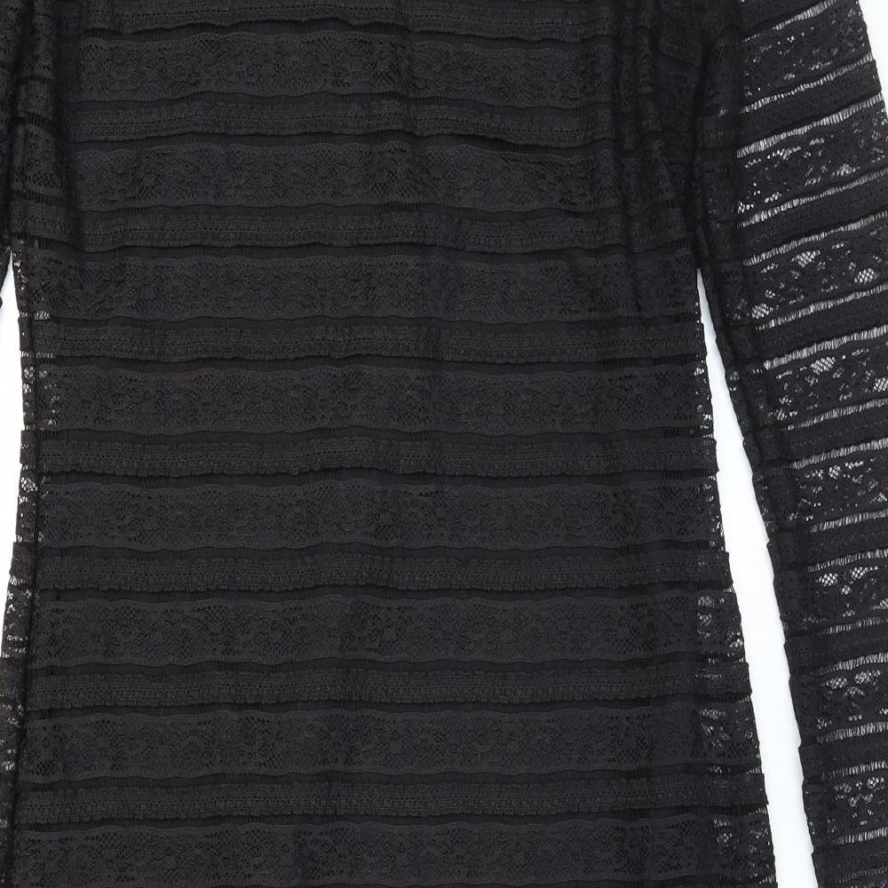 Marks and Spencer Womens Black Striped Polyester Bodycon Size 12 High Neck Button