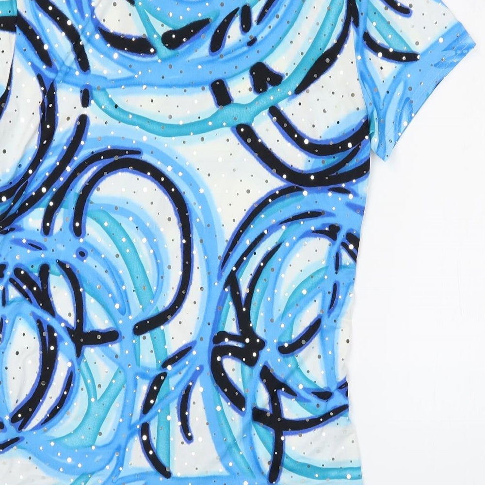 Autonomy Womens Blue Geometric Polyester Basic T-Shirt Size 10 Round Neck - Knot Front