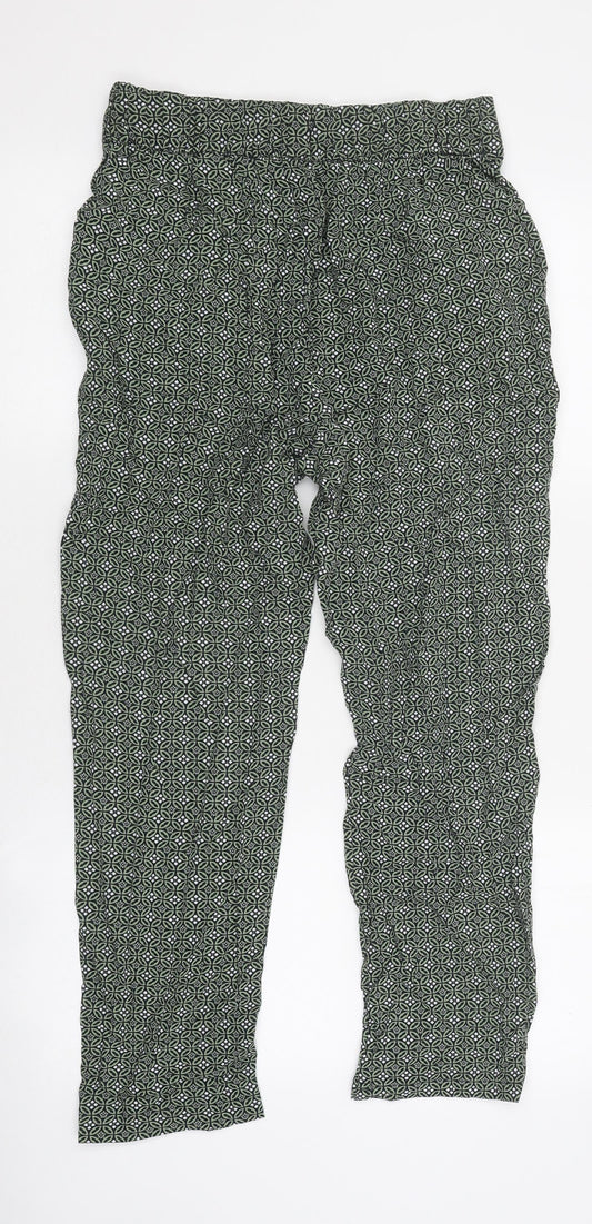 Marks and Spencer Womens Green Geometric Polyester Trousers Size 8 L26 in Regular