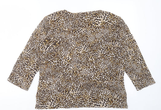 Anne Klein Womens Brown Animal Print Polyester Basic T-Shirt Size L V-Neck