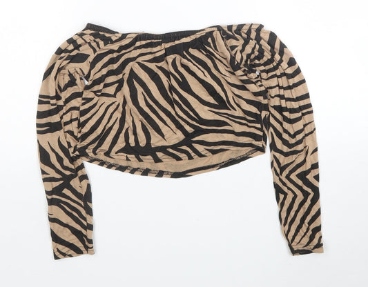 I SAW IT FIRST Womens Brown Animal Print Viscose Cropped Blouse Size 12 Off the Shoulder - Zebra Print