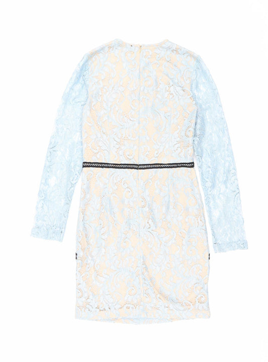 PRETTYLITTLETHING Womens Blue Geometric Polyester Pencil Dress Size 8 Round Neck Zip