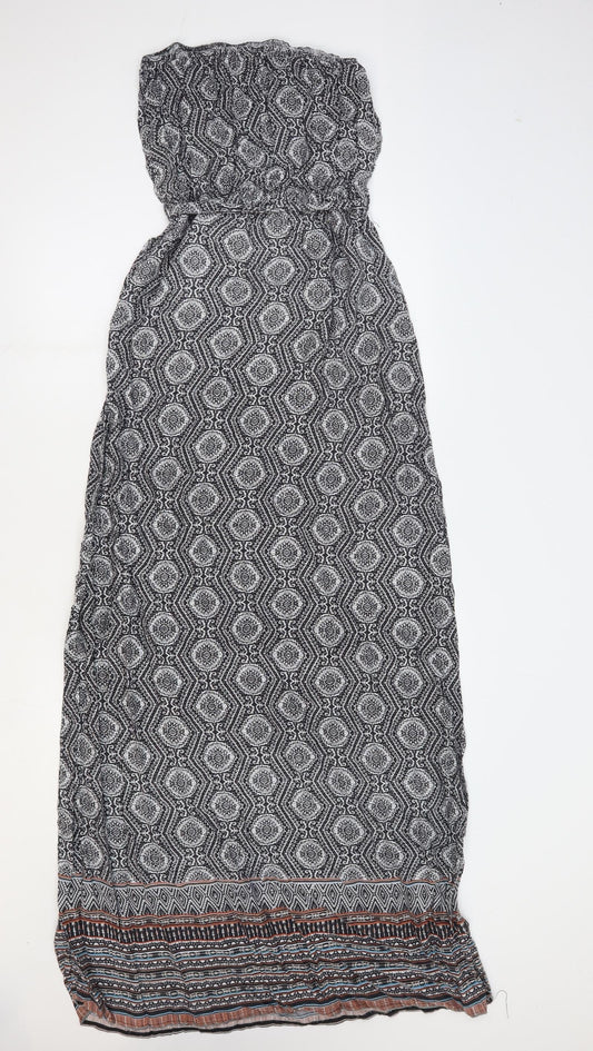 New Look Womens Black Geometric Viscose Maxi Size 8 Off the Shoulder Tie - Bandeau Dress