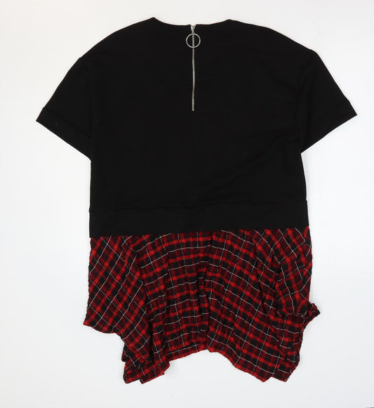 Zara Womens Black Plaid Cotton T-Shirt Dress Size S Round Neck Zip - Hanky Hem