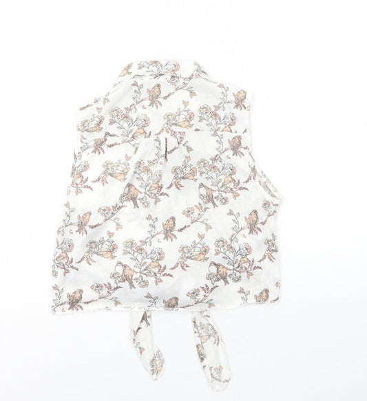 Denim & Co. Womens White Geometric Polyester Cropped T-Shirt Size 12 Collared - Tie Front