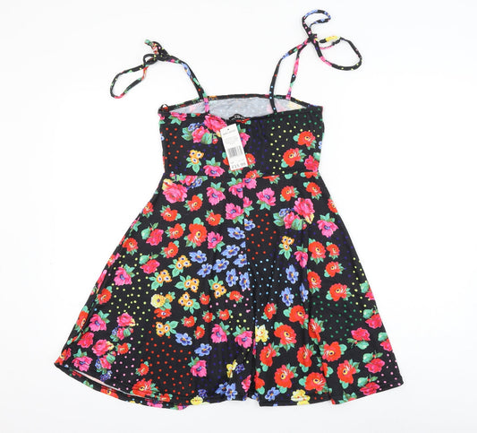 Select Womens Black Floral Polyester Skater Dress Size 6 Square Neck Tie