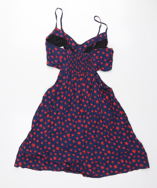 George Womens Blue Geometric Viscose A-Line Size 12 V-Neck Zip