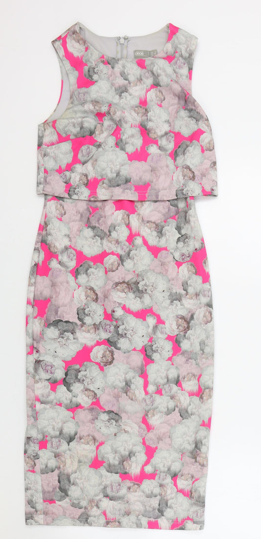 ASOS Womens Pink Floral Polyester Bodycon Size 8 Round Neck Zip