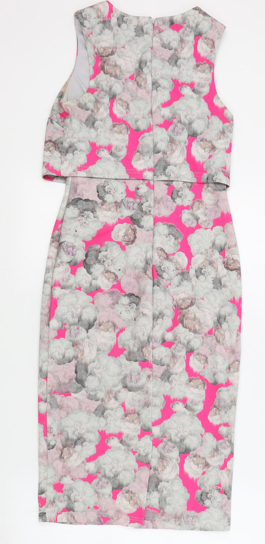 ASOS Womens Pink Floral Polyester Bodycon Size 8 Round Neck Zip