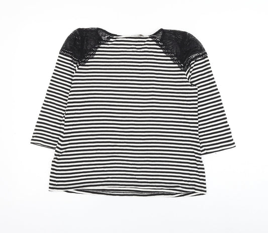 Principles Womens Black Striped Viscose Basic Blouse Size 12 Round Neck - Lace Shoulder