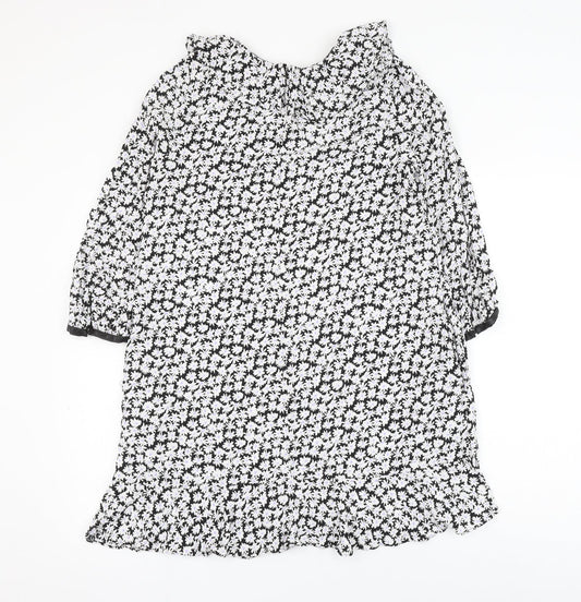 Zara Womens Black Floral Viscose Shift Size M Round Neck Button