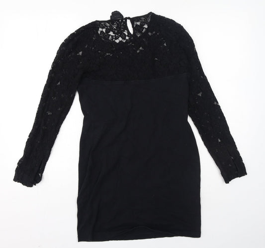 NEXT Womens Black Cotton A-Line Size 12 Round Neck - Mesh floral at top of dress