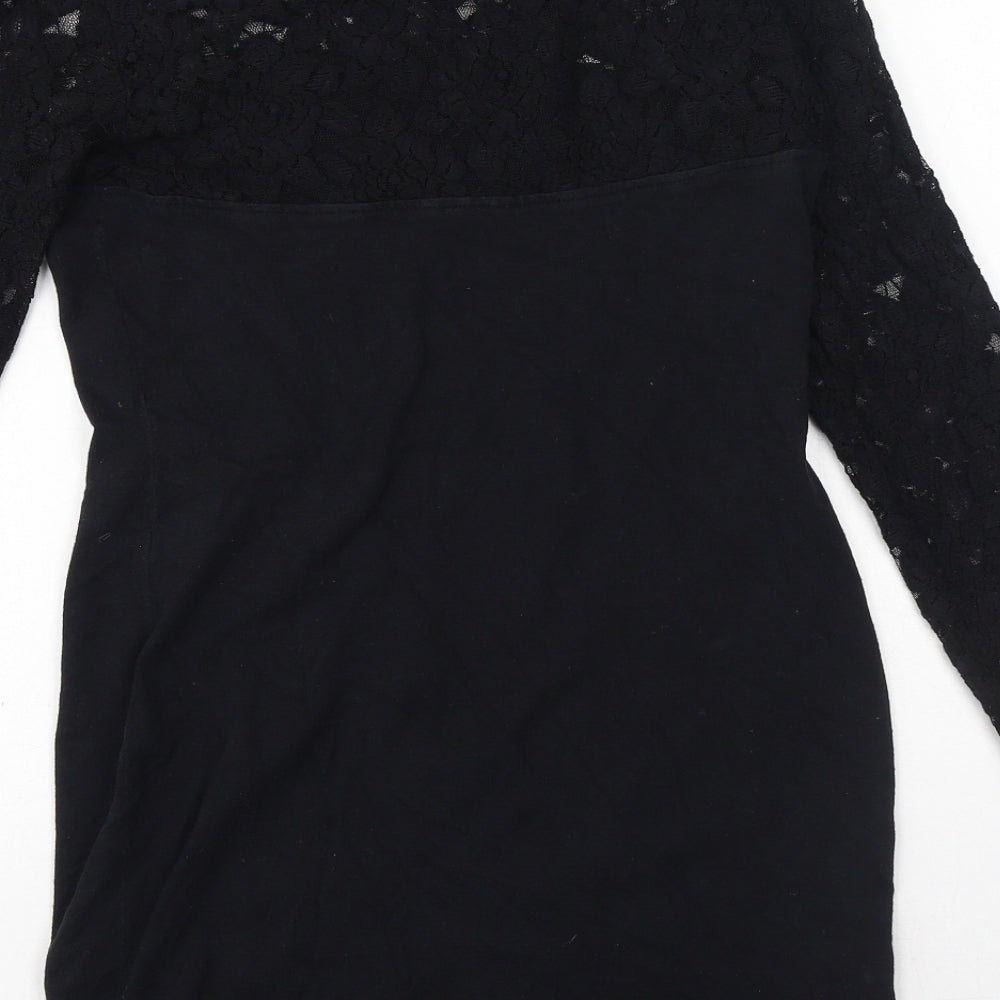 NEXT Womens Black Cotton A-Line Size 12 Round Neck - Mesh floral at top of dress