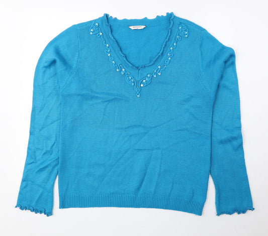 Editions Womens Blue V-Neck Acrylic Pullover Jumper Size 16