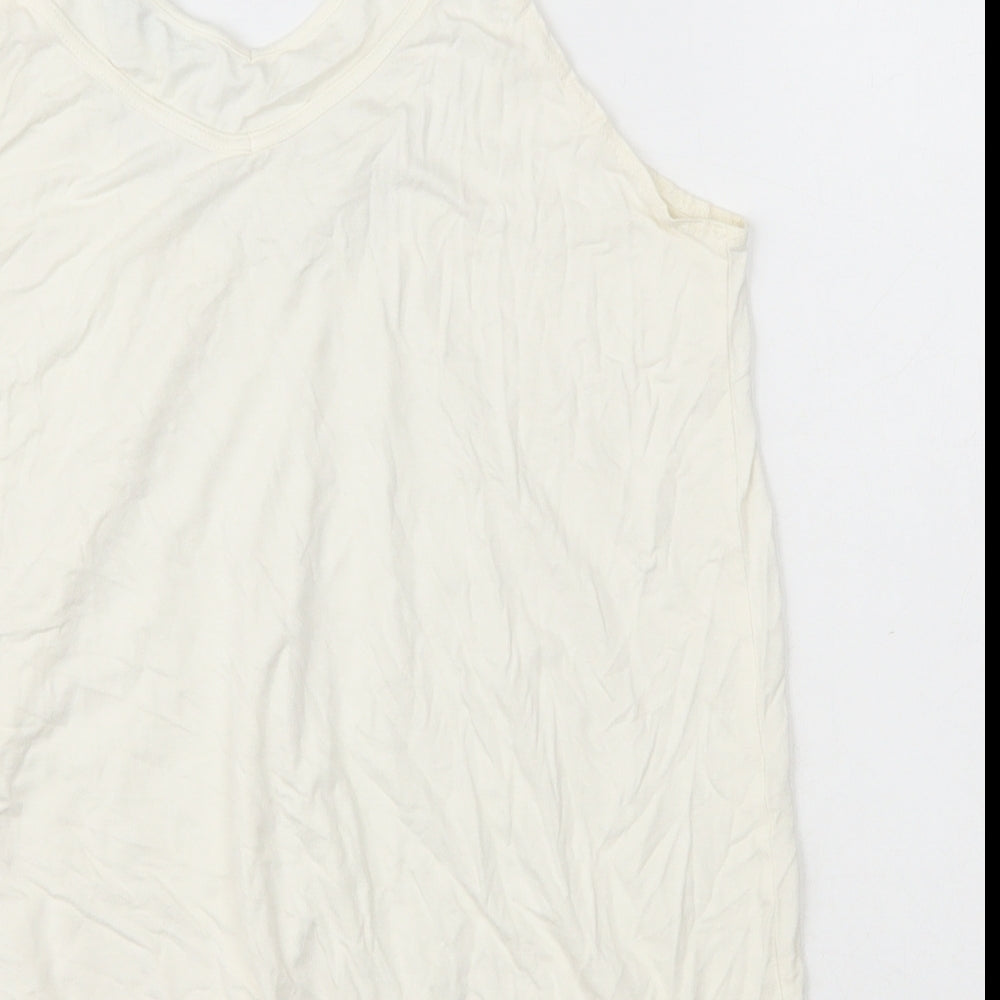 AMARANTO Womens Ivory Herringbone Viscose Basic Tank Size 14 Round Neck - Mesh Detail on Neck