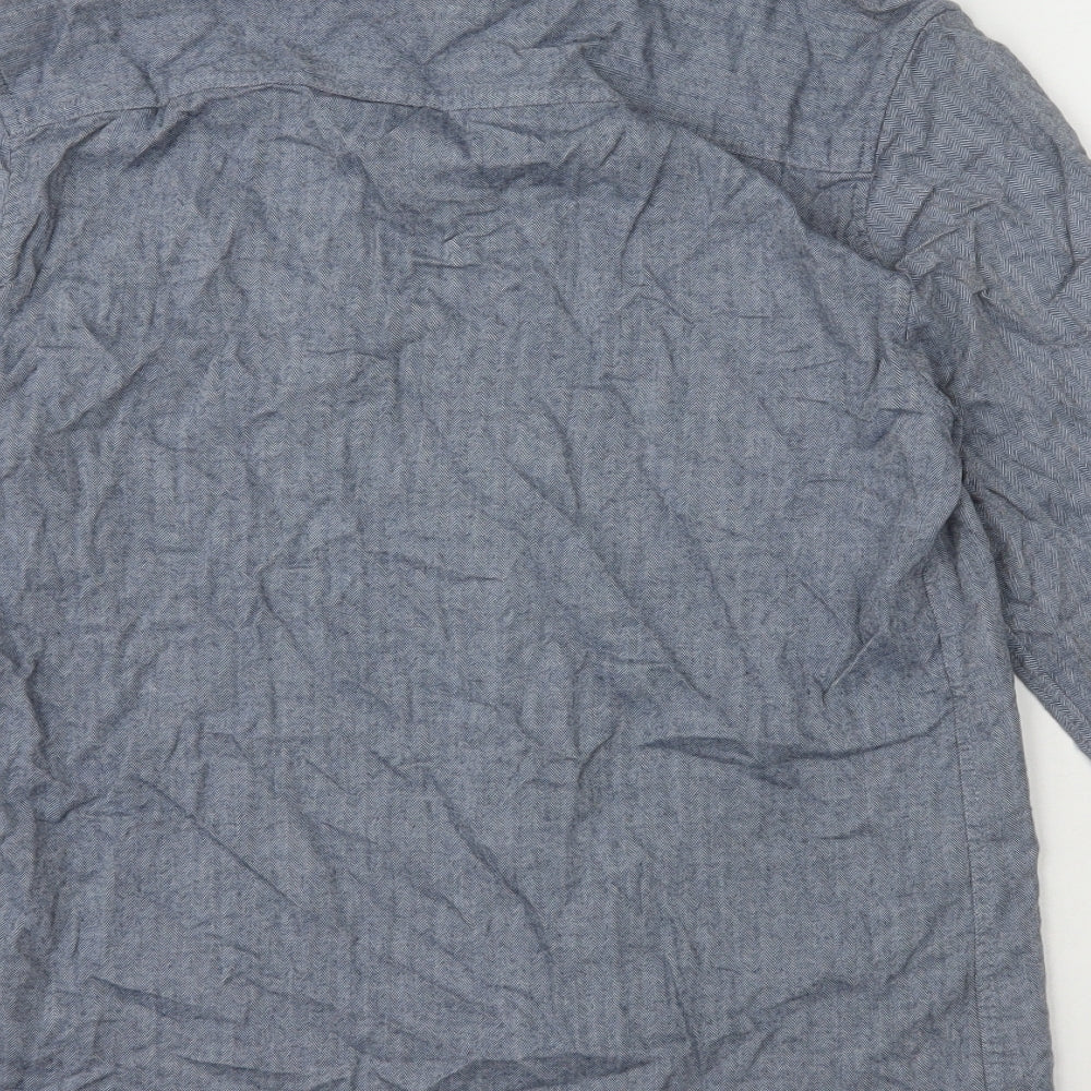 Topman Mens Blue Herringbone Cotton Button-Up Size S Collared Button