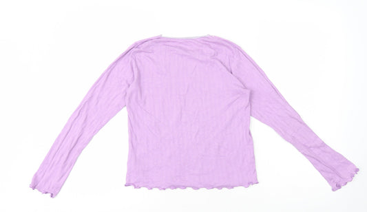 Dunnes Womens Purple 100% Cotton Basic T-Shirt Size 8 Round Neck - Lace Trim Lettuce Hem