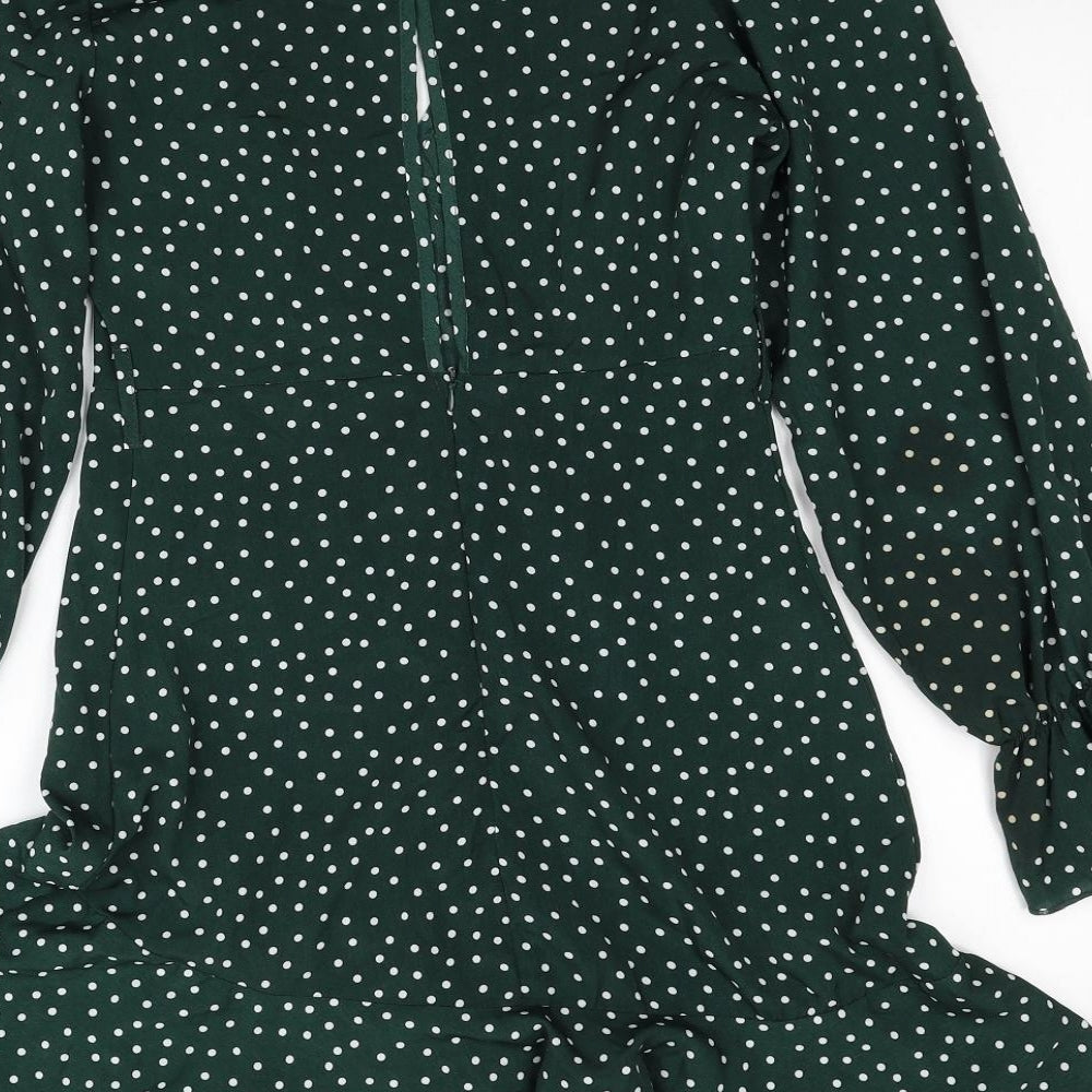 SheIn Womens Green Polka Dot Polyester Skater Dress Size S V-Neck Button