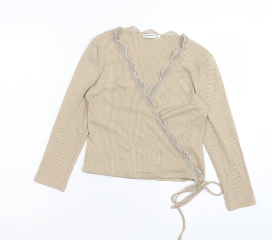 Womens UK Size M Stradivarius Beige Wrap Blouse